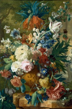 フラワーズ Painting - クラウンインペリアルとリンゴの花を上部に持つ花瓶の花とヤン・ファン・ホイスムの像 古典的な花